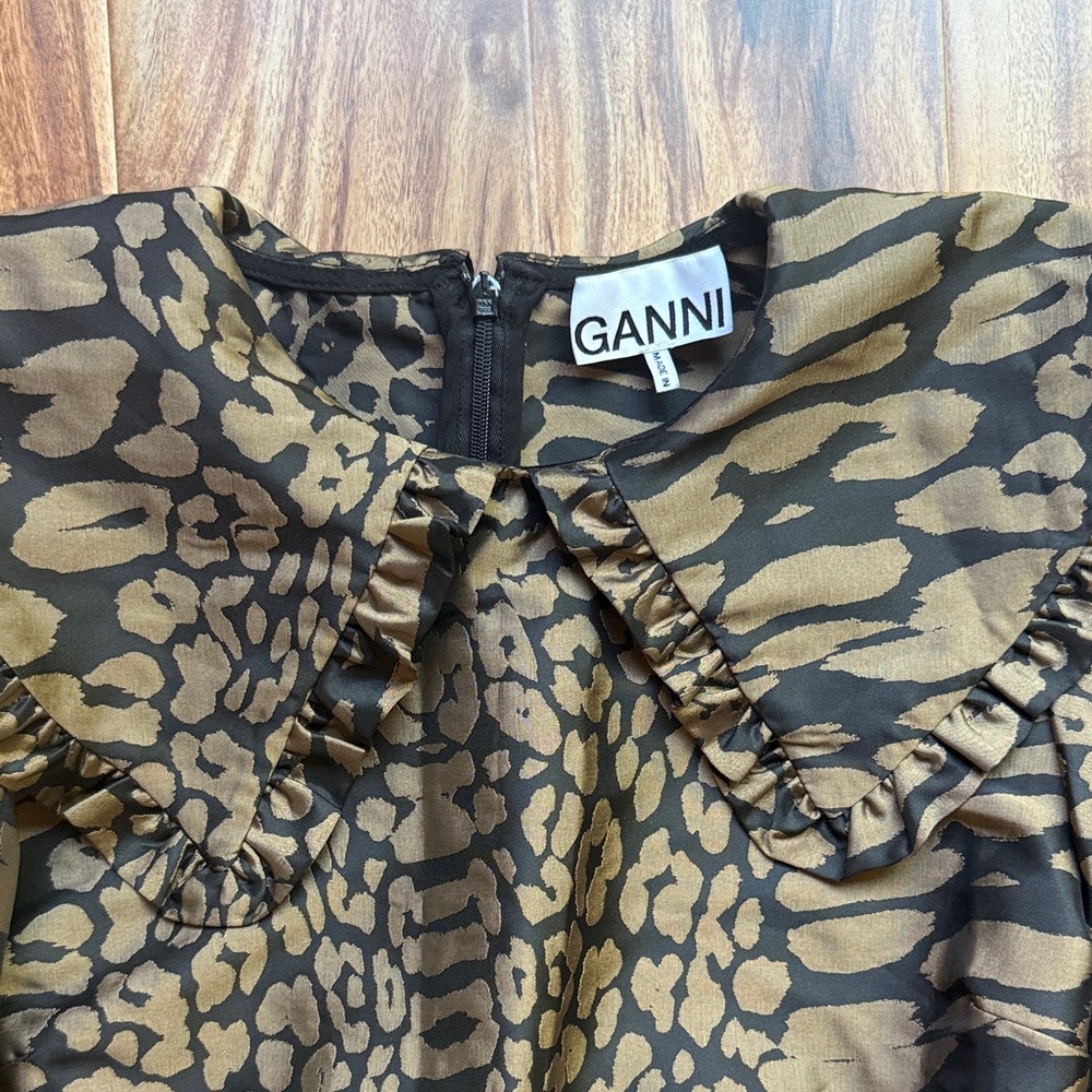 Ganni Black Golden Brown Jacquard Animal Print Collared Puff Sleeve Dress 6 - Picture 3 of 10